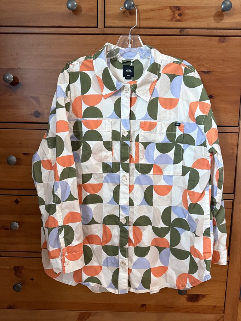 Vans Geometric Print Button-Up Shirt in White, Olive & Coral